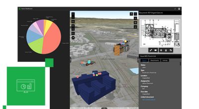 Dashboard für Projektdetails, das ein Kreisdiagramm sowie ein Gebäude- und Landschaftsmodell in 3D beinhaltet. Daneben ist das Symbol eines Computerbildschirms zu sehen.