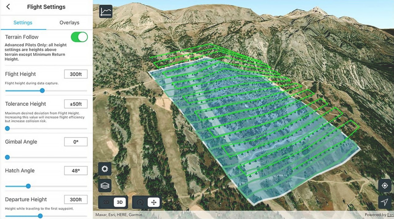 A screenshot of drone software being used to map a mountainside, showing Area Survey flight mode with Terrain Follow enabled in Site Scan Flight for ArcGIS