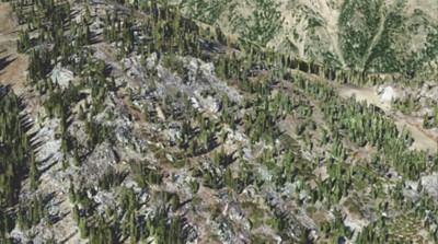Detaillierte Ansicht eines Berggebiets, das mit einem High-Fidelity-Mesh erstellt wurde