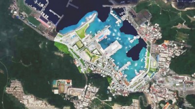 Szczegółowy widok portu Badouzi utworzony przy użyciu wysokiej jakości siatki obrazów nadirowych