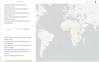 A digital story map featuring text about the project and a map of Africa with yellow dots indicating dense urban populations