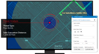 Map of a pipe bomb incident and safe evacuation distance