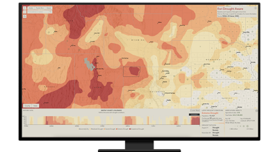 A desktop computer showing a climate analysis screen with red, orange, yellow, and white areas of concern