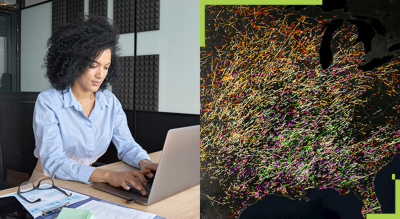 A split screen of a businessperson typing on a laptop while sitting at a desk and a colorful map with string of color rising from it