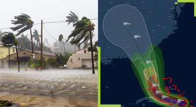 A split screen of a flooded street and palm trees being blown in the wind by a hurricane, and a map of the hurricanes path