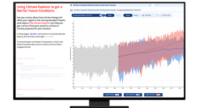 A laptop computer showing a webpage of a line graph predicting future climate conditions