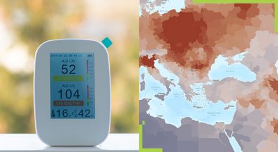 A split screen of an oximeter and a map showing the air quality in Europe with red, orange, and gray