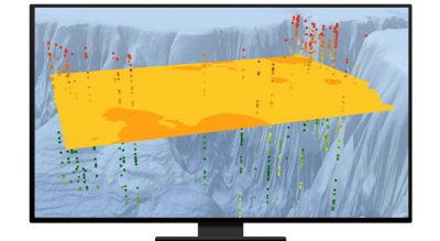 An underwater profile with a 3D yellow layer slicing through the subsurface profiling and red, yellow, and green dots showing patterns displayed on a desktop computer
