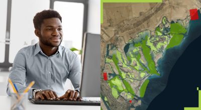 A split screen of a businessperson typing at a desk with a computer and a map of the coastline with green and red locations