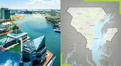 A desktop computer with a split screen of a city with a river running through it and the country on a map