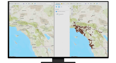 A desktop computer with a split screen of identical coast lines, one of the images has brown dots indicating important data