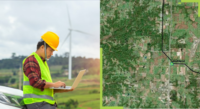 A desktop computer with a split screen of a field working looking at a laptop and a map showing his location