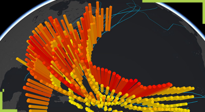 A map with red, yellow, and orange cylinders showing the movement of a hurricane along a coastline