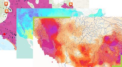 Three colorful wildfire maps