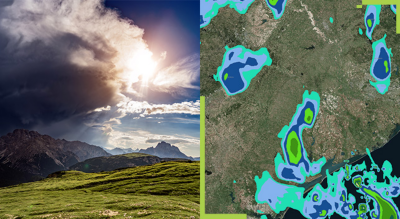 A split screen of a grassy field and mountains lighting up as sunshine peaks through clouds, and a map of weather patterns