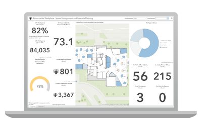 A screenshot of ArcGIS Indoors on a laptop displaying a map and dashboards that show numbers and graphs related to workspace arrangement