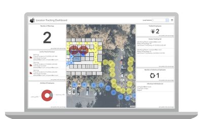 A screenshot of ArcGIS Indoors on a laptop, with a map in the center and dashboards on either side showing the contact tracing feature