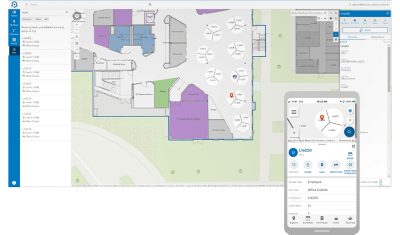 Screenshots of ArcGIS Indoors Space Planner app on a desktop and mobile device 