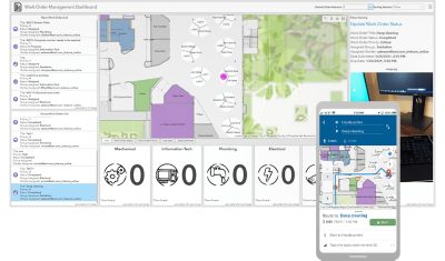 Screenshots of ArcGIS Indoors being used on a mobile device and desktop, showing service request queues, images, and maps.