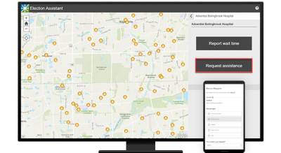 A graphic of a computer monitor displaying a city map with polling sites marked with scattered orange icons, beside a mobile phone displaying coordinating data
