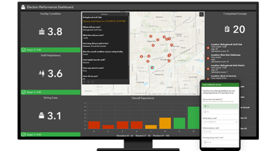 A graphic of a computer monitor displaying a map dashboard in dark gray with colorful graphs, beside a mobile phone displaying coordinating data