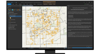 A graphic of a computer monitor displaying a map dashboard with a city map dotted with icons for polling places beside legends of coordinating data