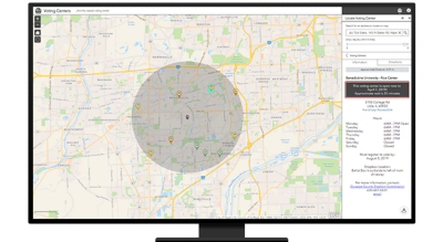 Graphic of a computer monitor displaying a city map in beige beside a legend of analysis options