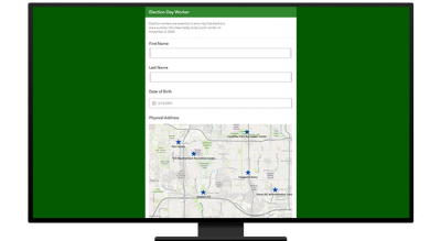 A graphic of a computer monitor displaying a pop-up form for election day worker volunteer signup against a forest green background