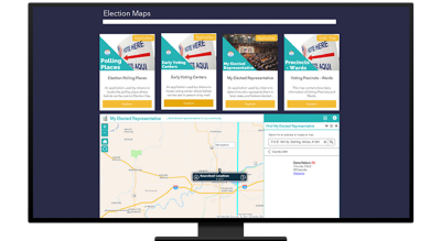 A graphic of a computer monitor displaying a data hub with five choices of election maps against a dark blue background