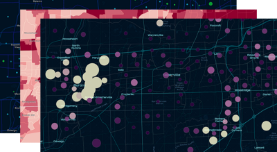 A graphic of three different maps layered together in shades of purple, pink, and indigo
