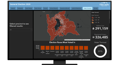 A graphic of a computer monitor displaying a map dashboard with a precinct map in orange on gray and several statistics and graphs in white characters on a black background