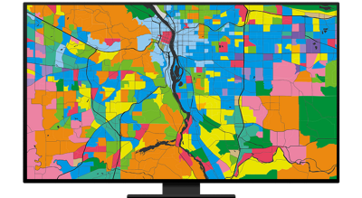 Map with parcels shaded orange, blue, yellow, and red