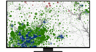 Map with green and blue dots very close together