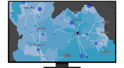 Map with blue shaded areas and circles