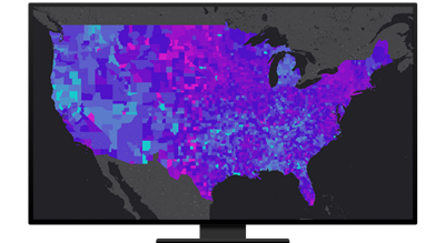 Map of the United States shaded blue and purple
