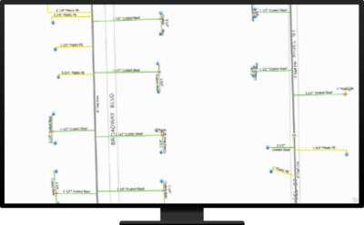 map with streets and utility lines to buildings