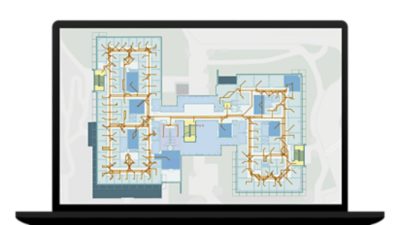Laptop showing an indoor map of a building with exit routes highlighted in yellow and brown