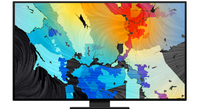 A graphic of a computer monitor displaying an air flow map in red and blue