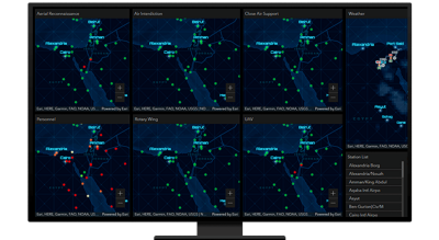A graphic of a computer monitor displaying the same map six times with features marked and labeled in green and red, showing changes over time