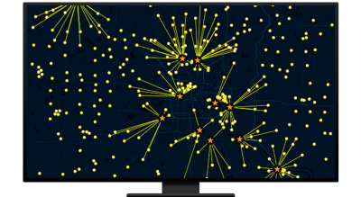 A graphic of a computer monitor displaying a connections map in yellow on a blue background