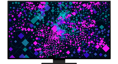 A graphic of a computer monitor displaying an abstract concentration map in pink and blue on a black background