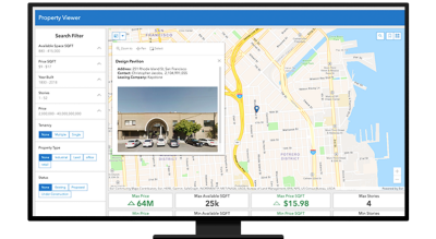A graphic of a computer monitor displaying a beige city map beside a menu of analysis options