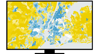 Graphic of a computer monitor displaying an area map in bright yellow and blue on a gray background