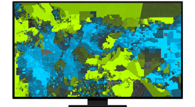 A graphic of a computer monitor displaying an area map in bright green and blue on a gray background