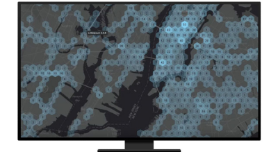 A graphic of a computer monitor displaying a point map in pale blue dots on a gray and black background