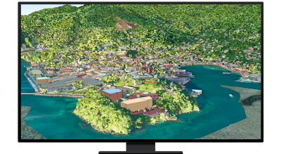 A graphic of a computer monitor displaying a 3D rendering of a seaside city in beige and dark red nestled against bright green hillsides beside still blue-green waters