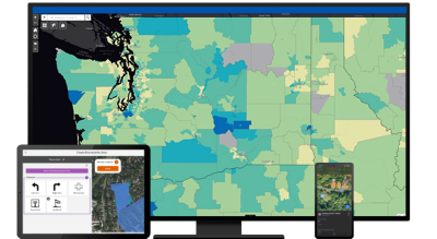 A graphic of a computer monitor displaying a regional map shaded in blue and green, overlaid with a tablet and a mobile phone