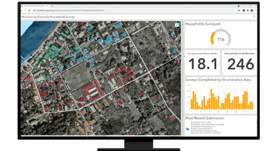 A graphic of a computer monitor displaying a map dashboard with an aerial photo of a coastal neighborhood alongside charts and various data