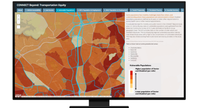 Graphic of a computer monitor displaying a map dashboard with a map in shades of orange beside tabs of data