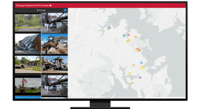 A desktop computer displaying a damage assessment photo viewer and map with the locations of the photos